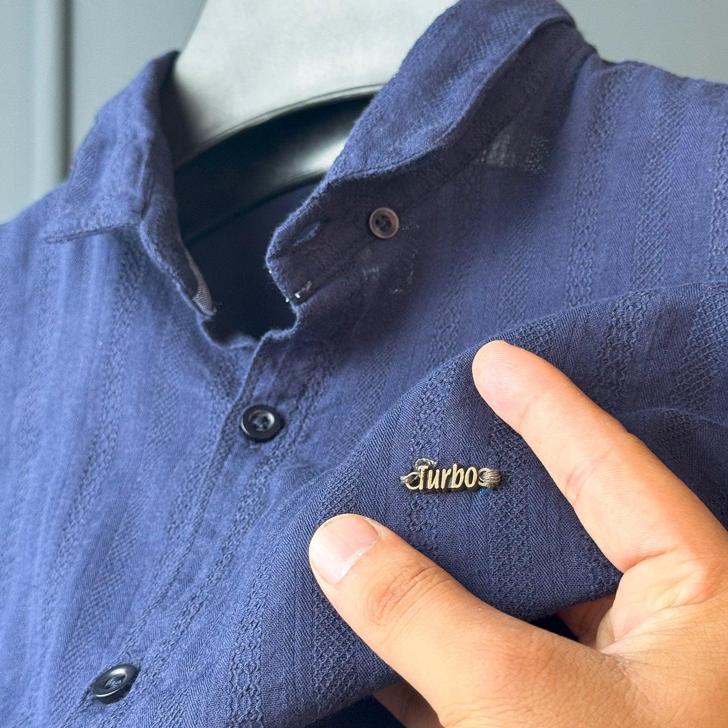 Turbo Self Stripe Motif Long Sleeve Cotton Casual Shirt