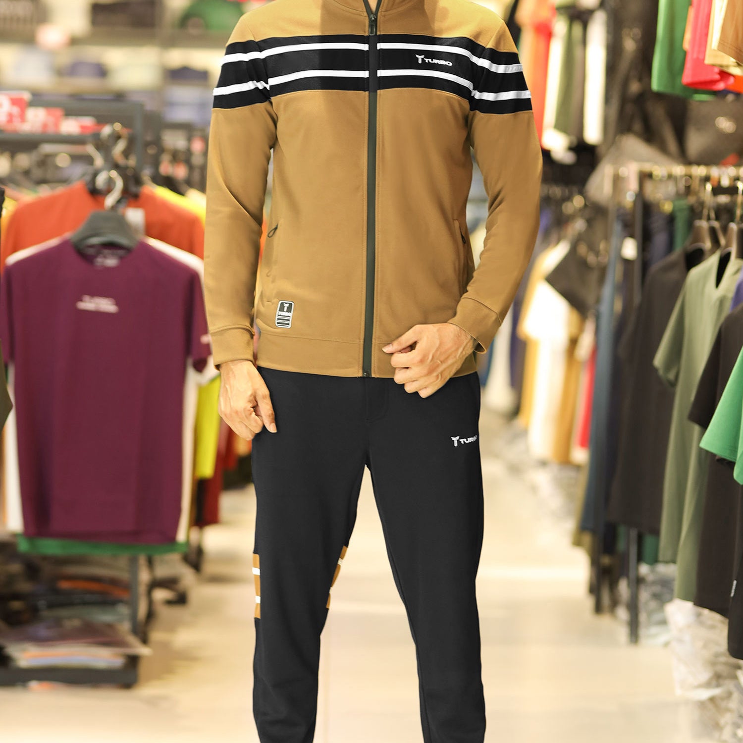 Turbo Color-Block Panel Standing Collar Zipper Tracksuit In Black&Camel
