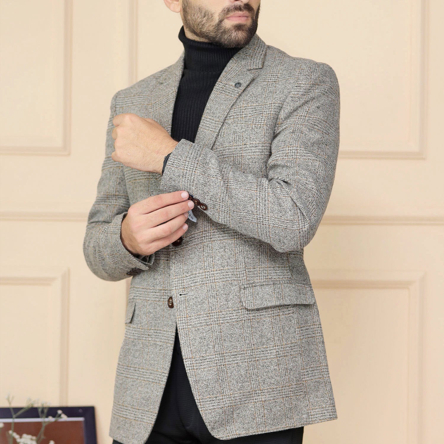 Wool Rich Worsted Tweed Mens Casual Blazer In Beige