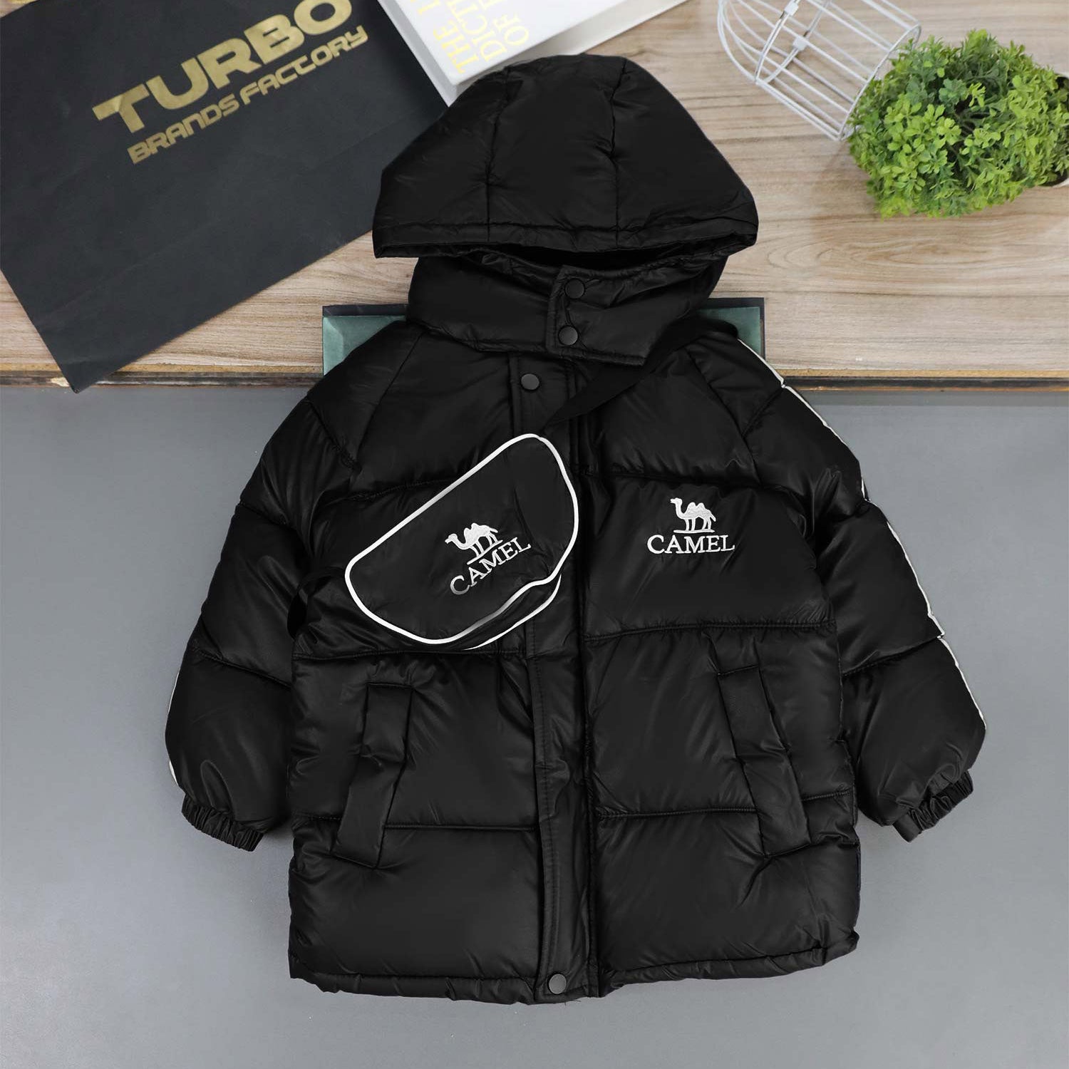 Camel Logo Printed Hooded Boys Kids Puffer Jacket