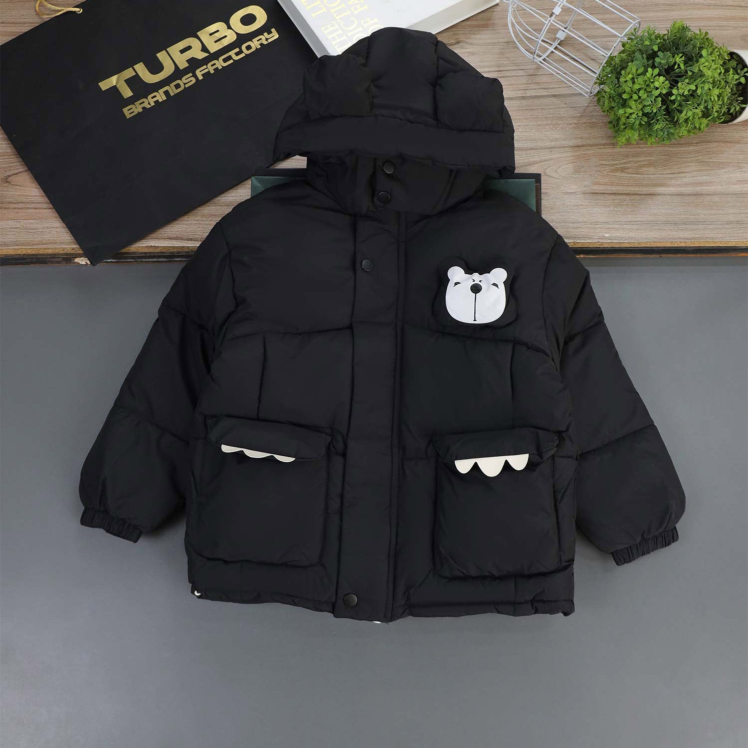 Panda Style Hooded Uni Sex Kids Puffer Jacket