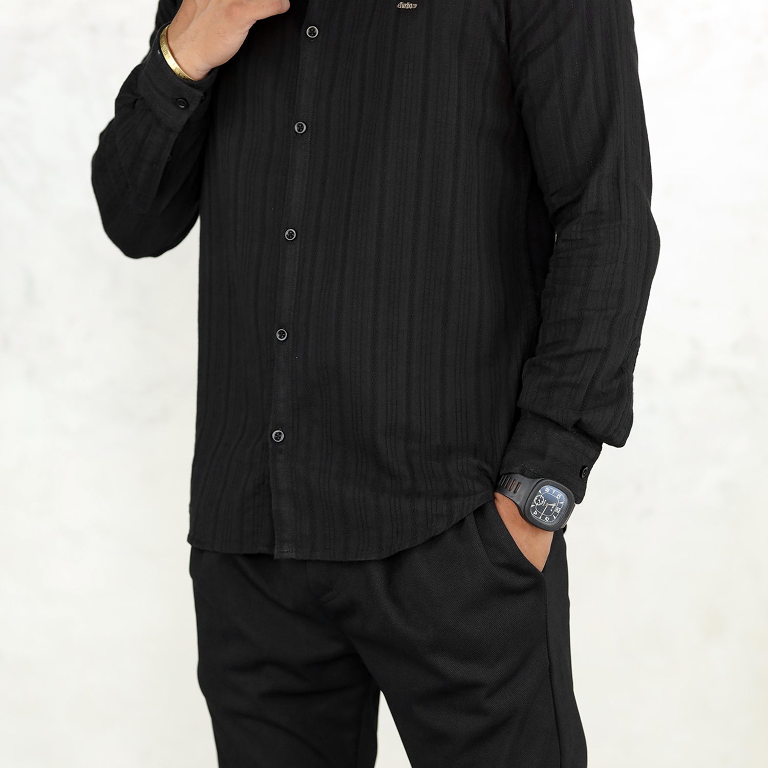 Turbo Self Stripe Motif Long Sleeve Cotton Casual Shirt