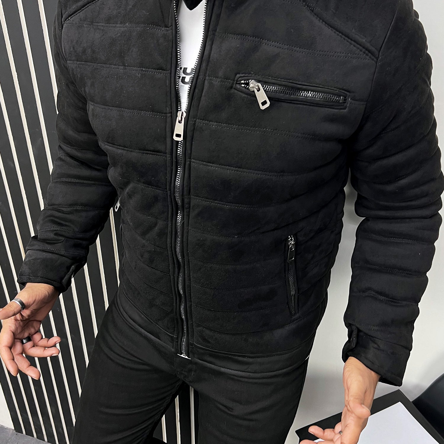 Quilted Pattern Iconic Zipper Men's Suede Jacket