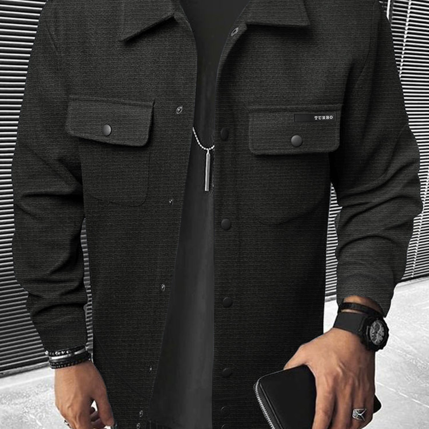 Front Flap Pocket Collar Motif Waffle Knit Jacket