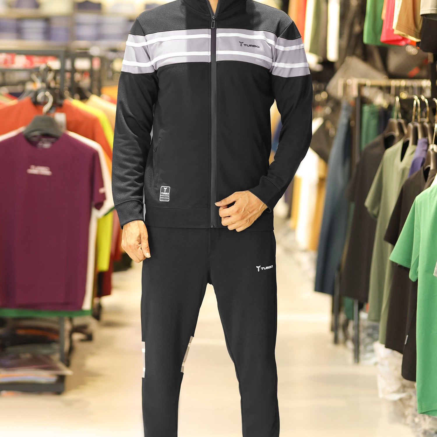 Turbo Color-Block Panel Standing Collar Zipper Tracksuit In Black
