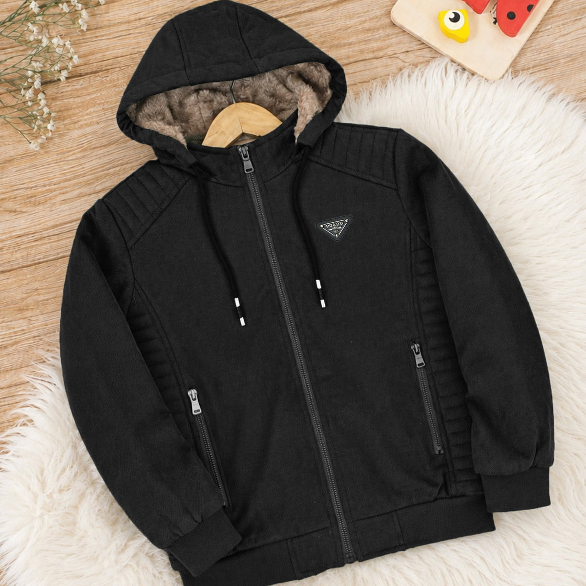 Essentials Hybrid Detachable Hood Imported Kid's Suede Jacket In Black