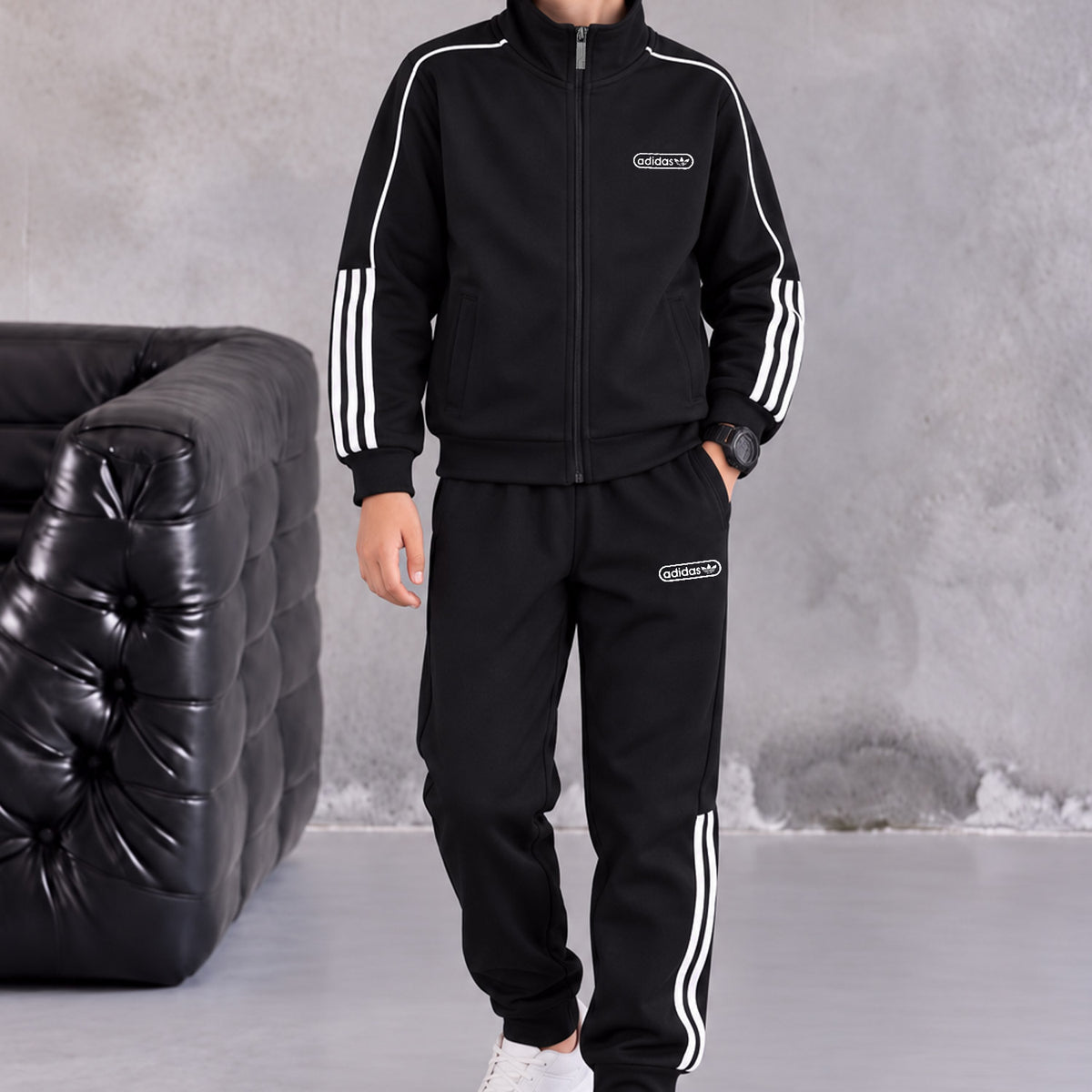 Adds Classic-Retro Lining Zipper Kid's Co-Ord Set In Black