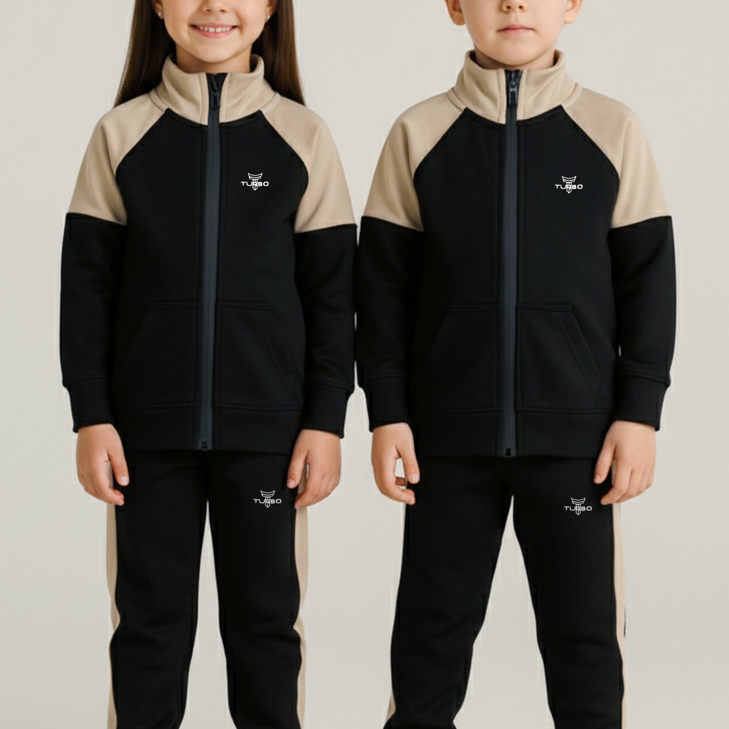 Turbo Raglan Sleeves Panel Full-Zip Unisex Younger Kids Tracksuit In Black