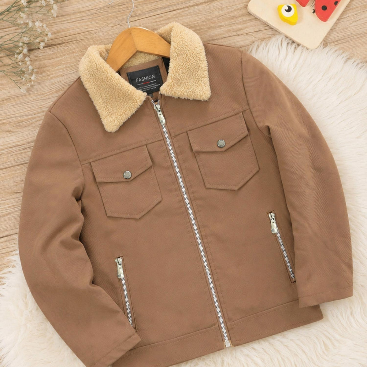 Relaxed Fit Imported Kid's Suede Leather Jacket In Brown