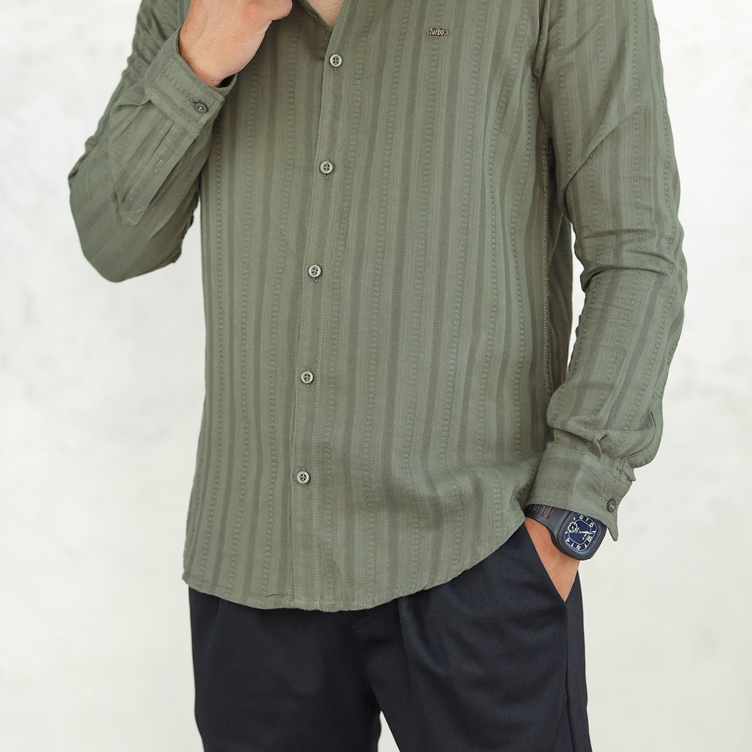 Turbo Self Stripe Motif Long Sleeve Cotton Casual Shirt