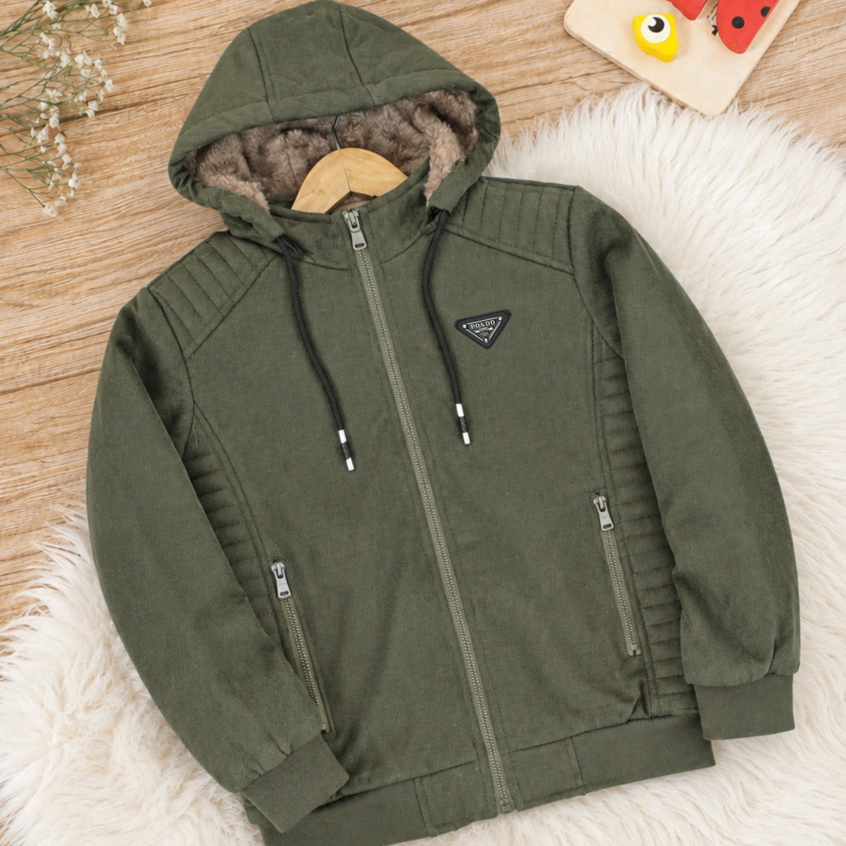 Essentials Hybrid Detachable Hood Imported Kid's Suede Jacket In Camo Green