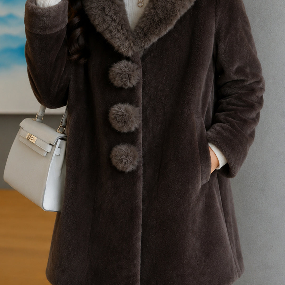 Women's Unique Spherical Buttons Imp Wool Long Coat