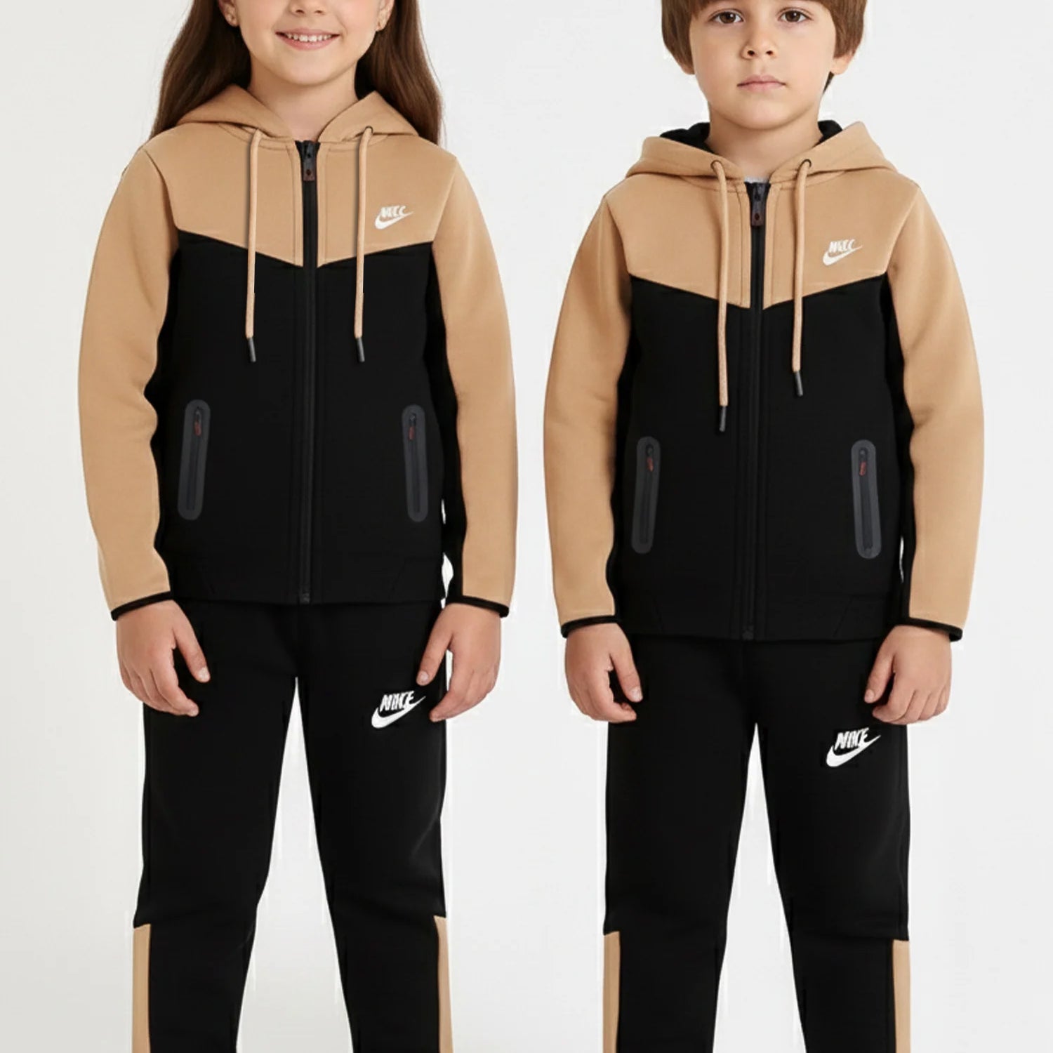 Nke Sportswear Tech Full-Zip Unisex Younger Kids Tracksuit In Black&Camel