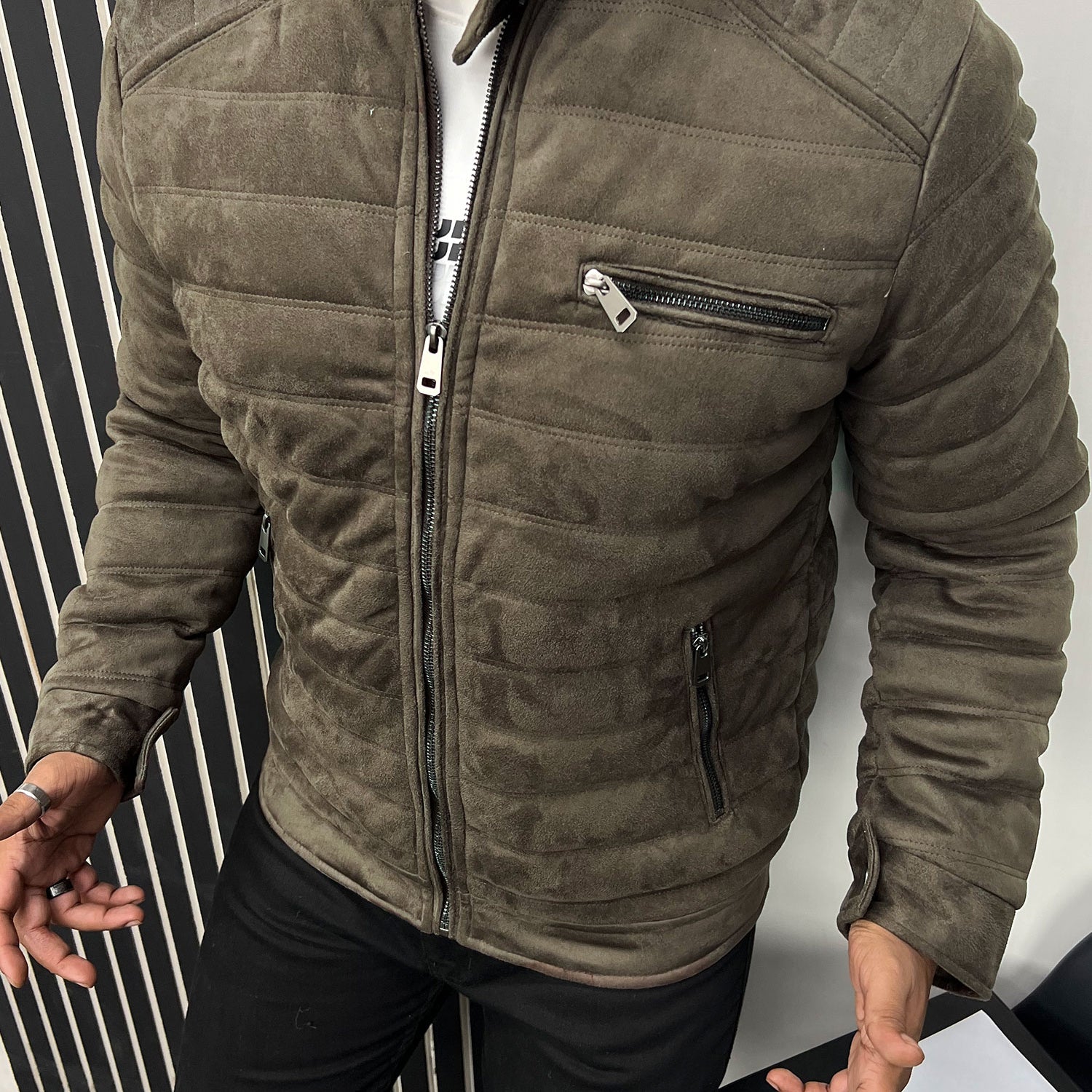 Quilted Pattern Iconic Zipper Men's Suede Jacket