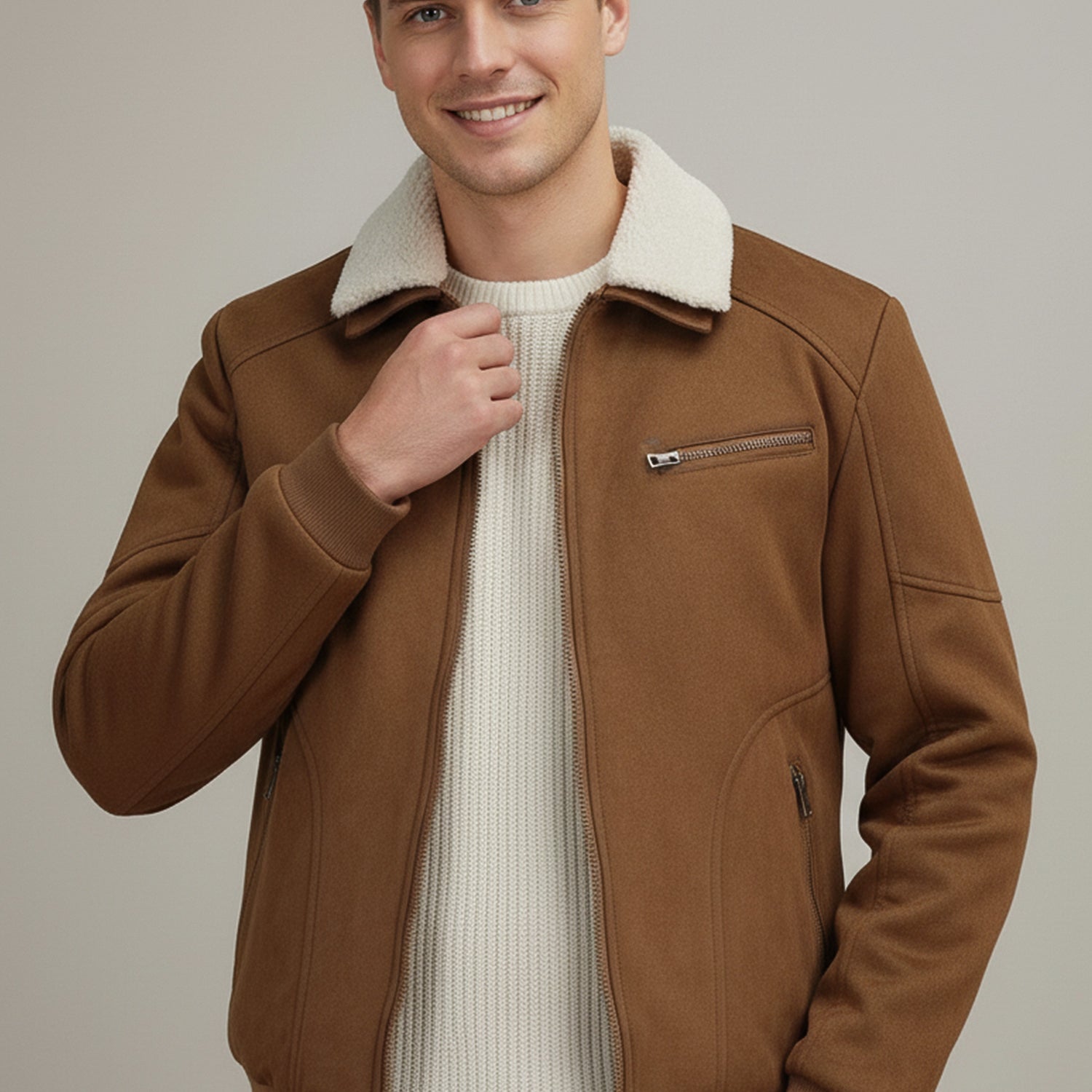 Trimmed Collar Imported Men's Suede Jacket