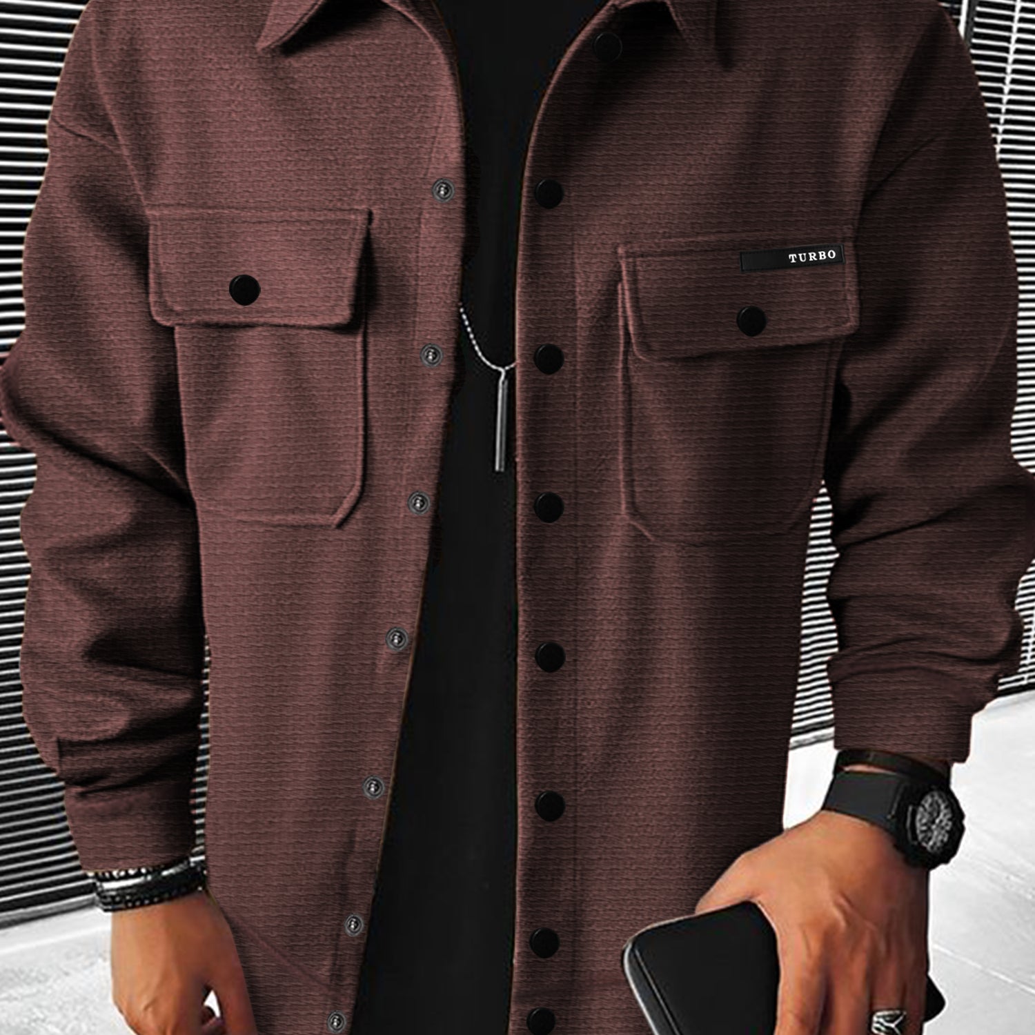 Front Flap Pocket Collar Motif Waffle Knit Jacket