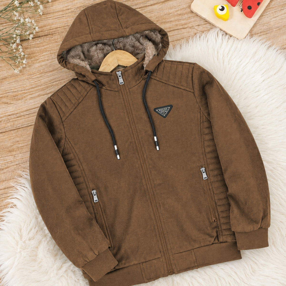 Essentials Hybrid Detachable Hood Imported Kid's Suede Jacket In Dark Brown