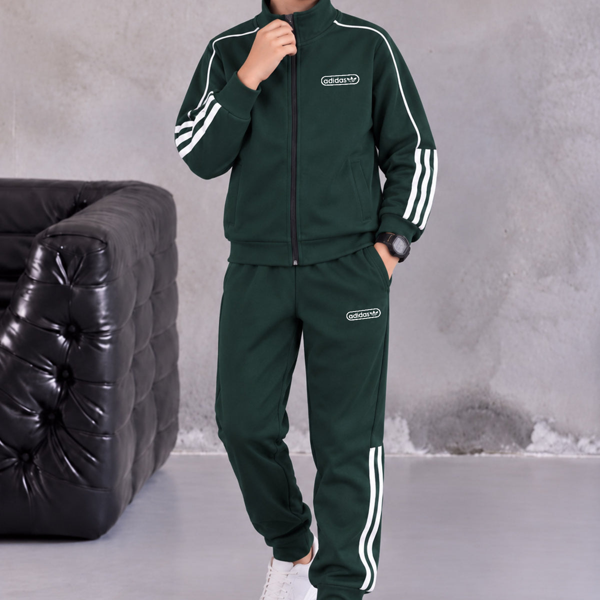 Adds Classic-Retro Lining Zipper Kid's Co-Ord Set In Dark Green