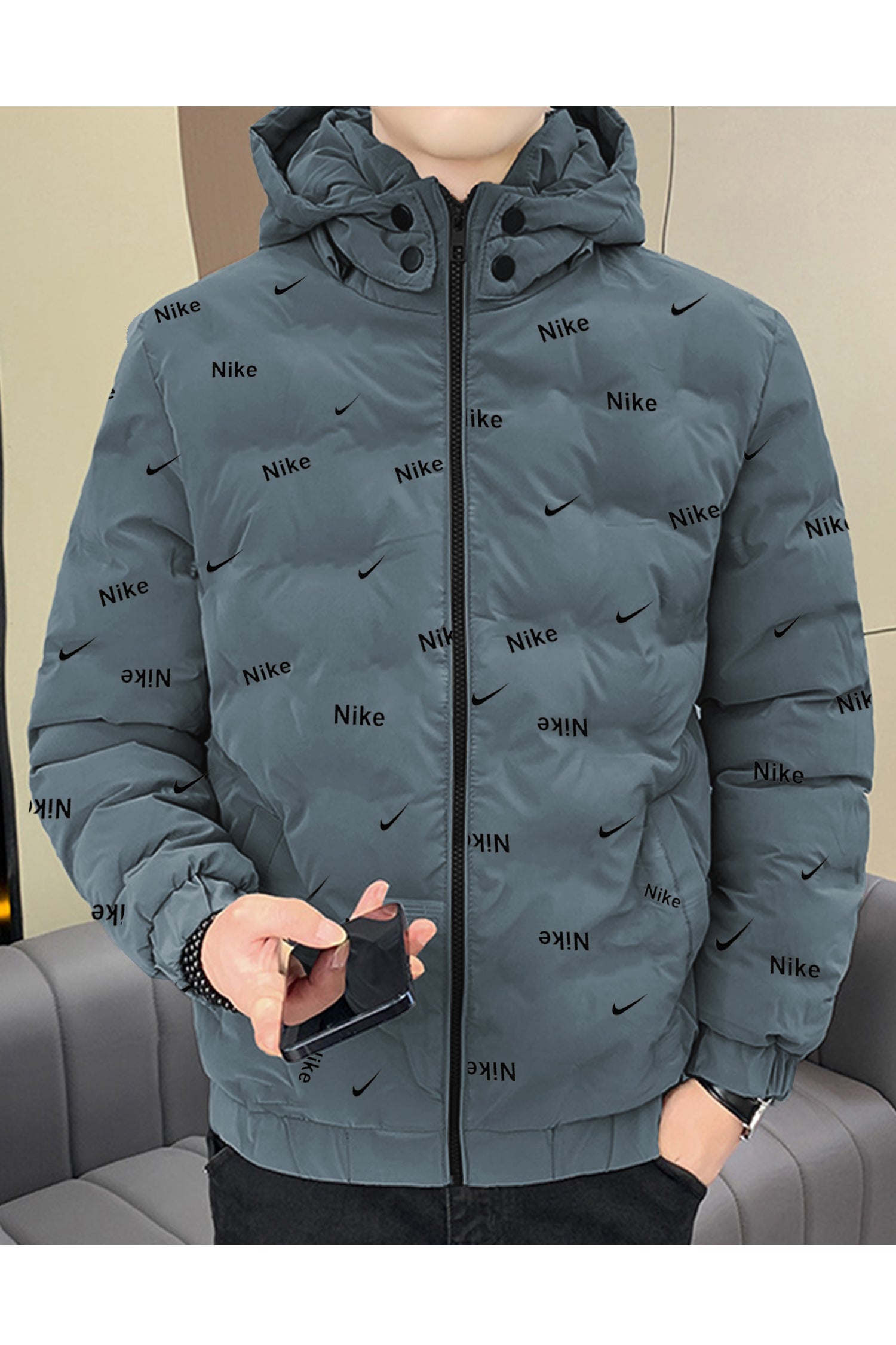 Nke Alphabets Pattern Quilted Padded Imported Puffer Jacket In Dark Grey Dark Grey M