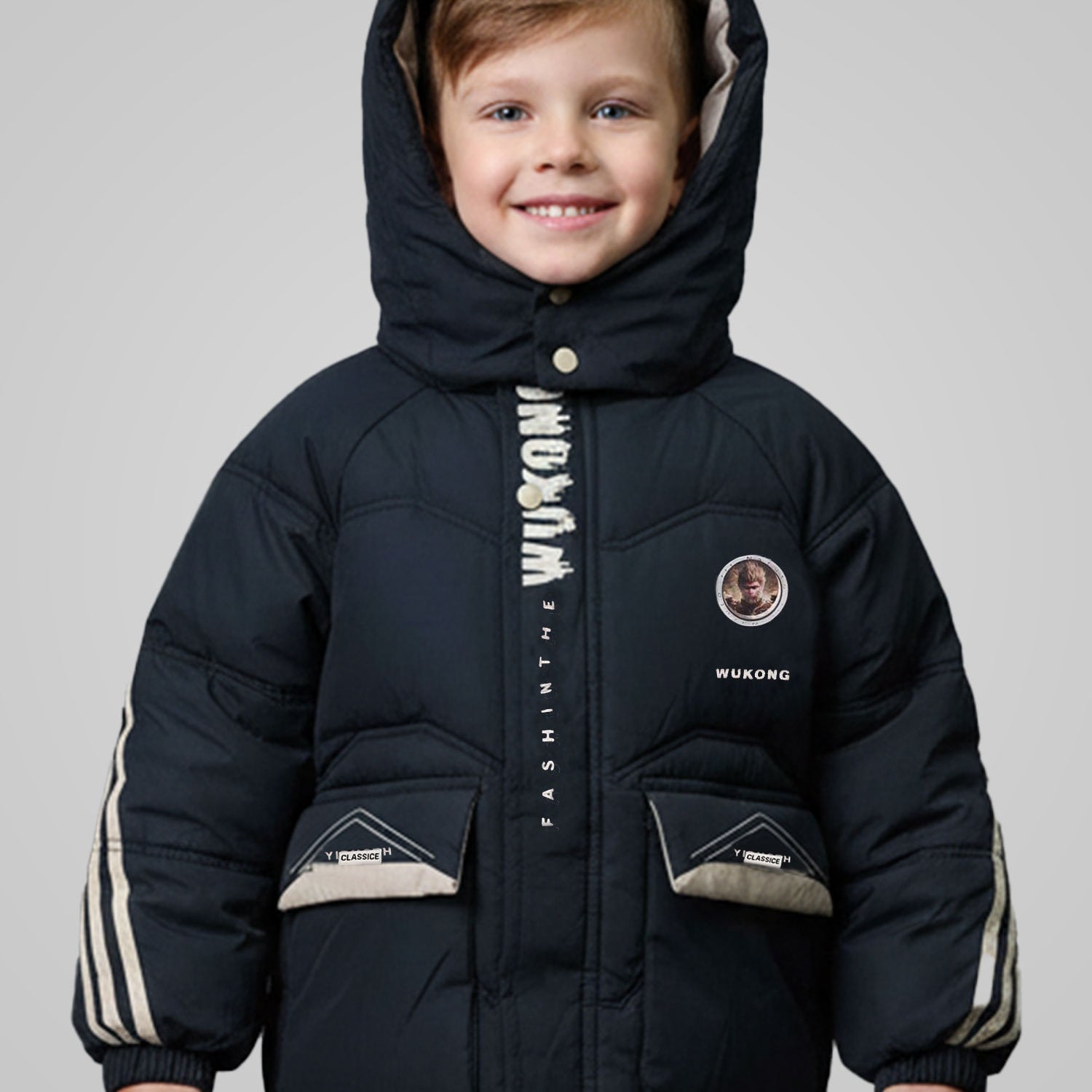 Button Placket Hooded Boys Kids Puffer Jacket