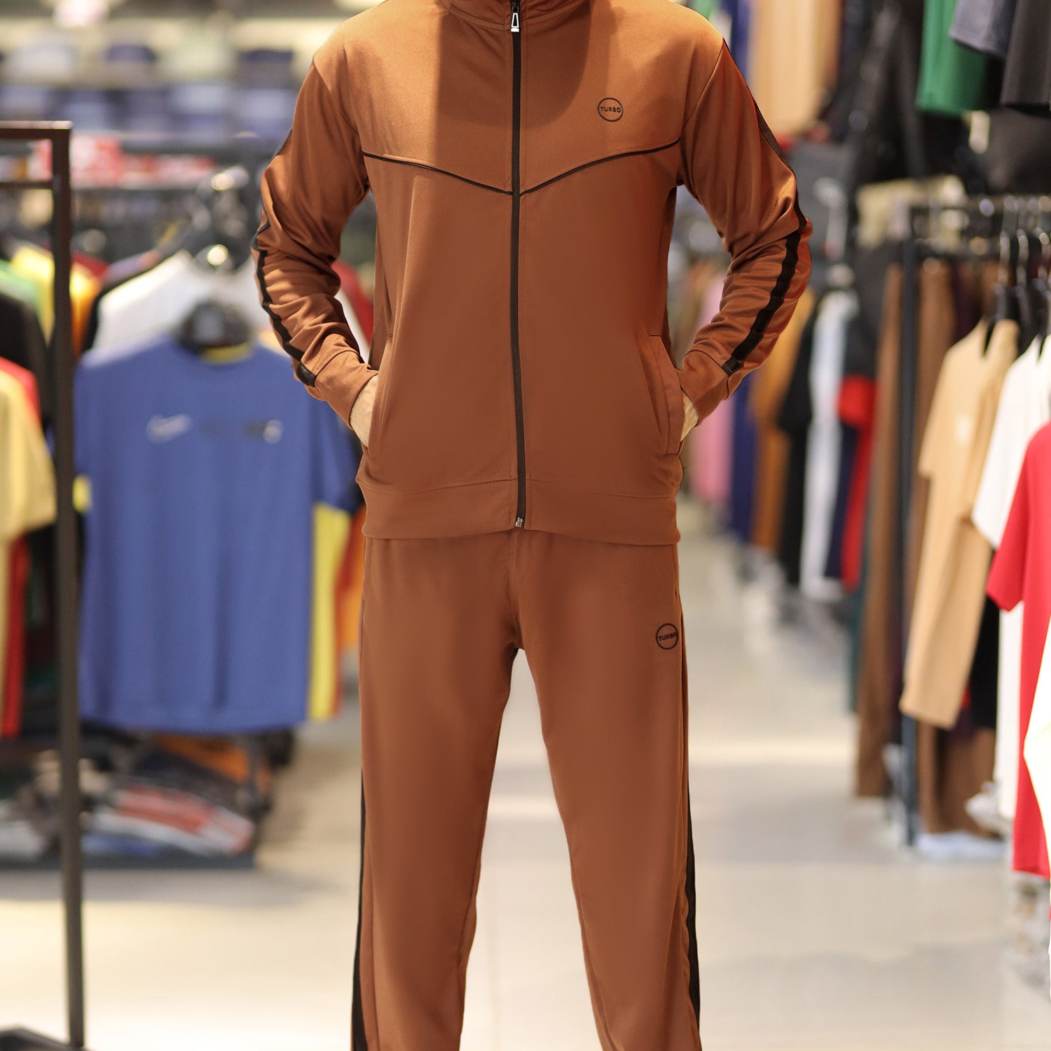 Turbo Athletic Runner Panelled Zipper Tracksuit In Dark Camel