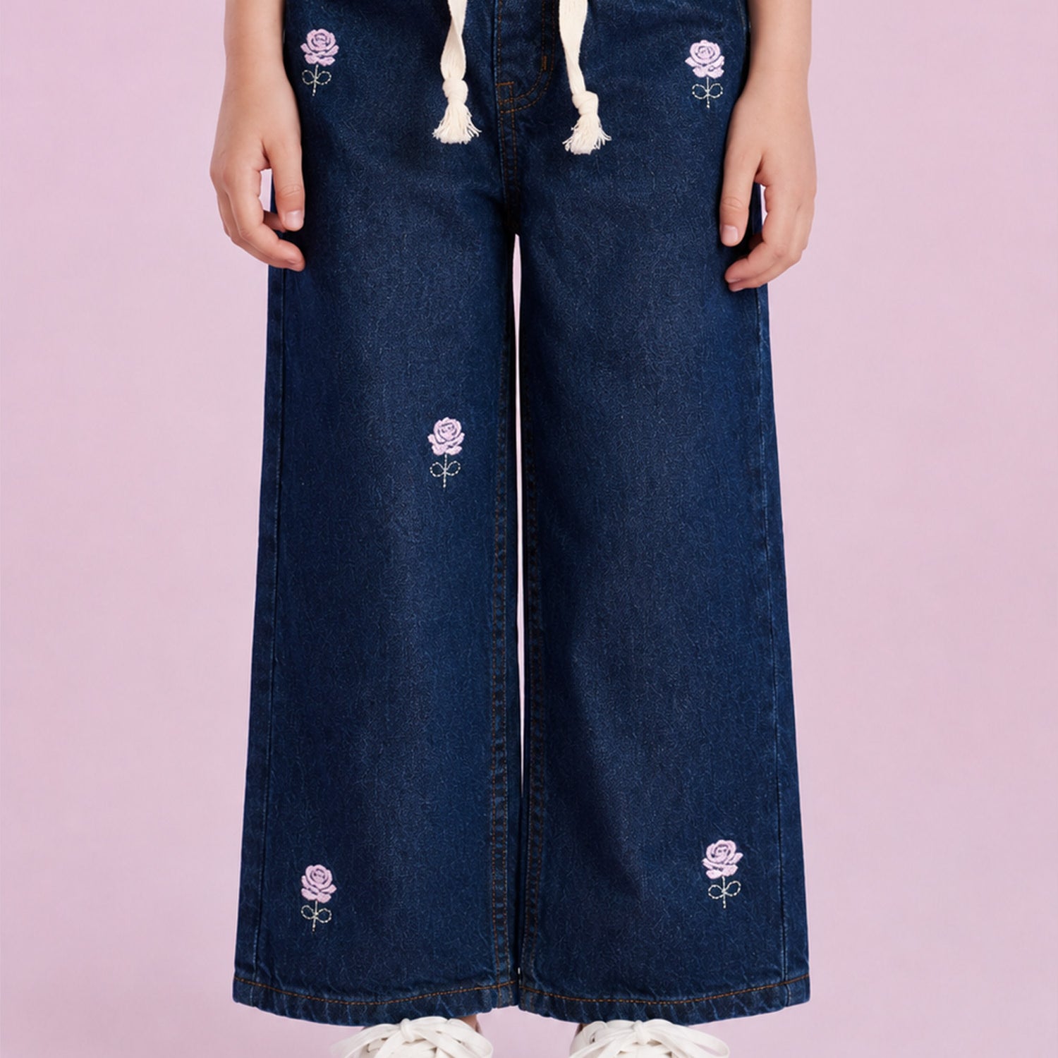 Turbo Floral Embroidered Wide-Legs Jeans For Girls