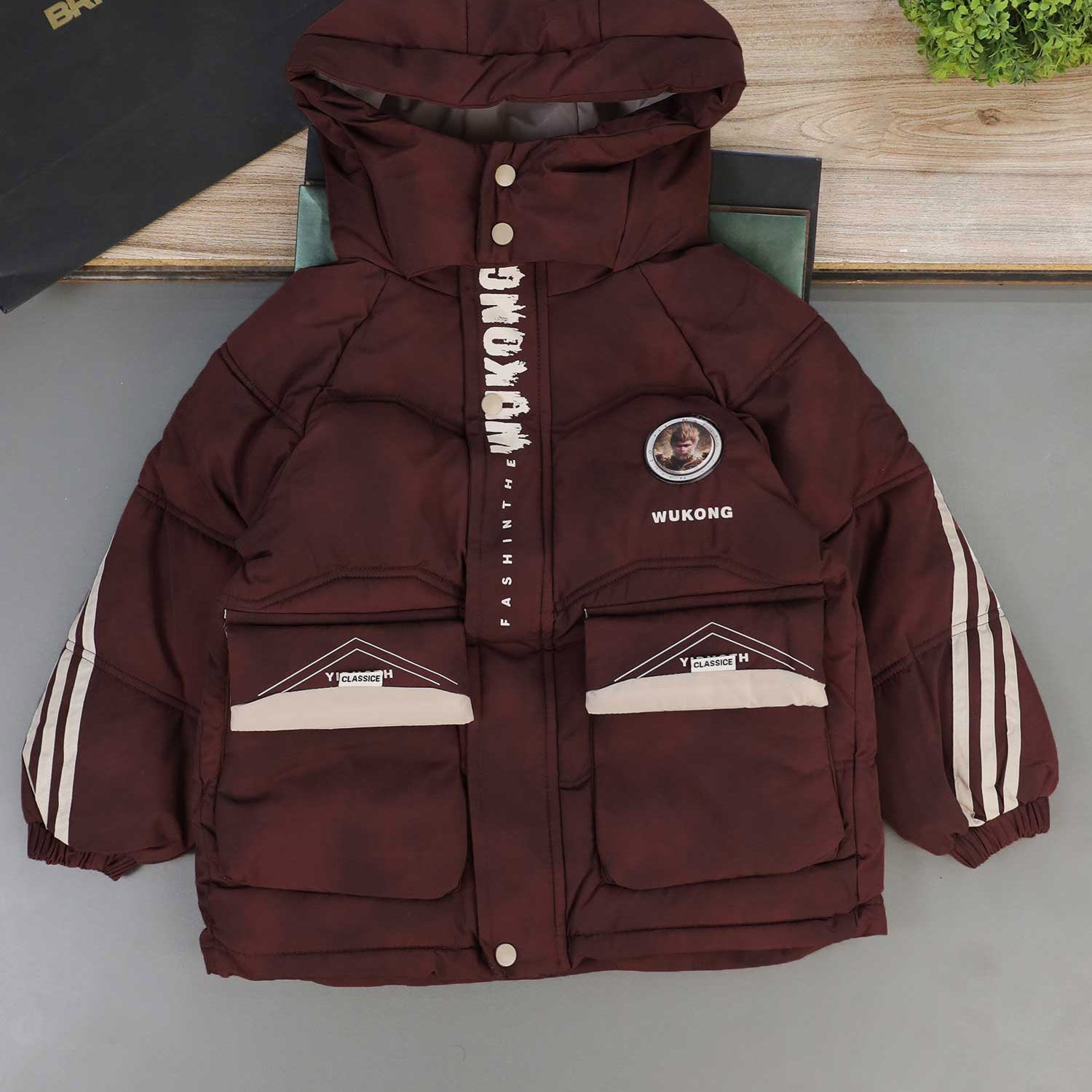 Button Placket Hooded Boys Kids Puffer Jacket