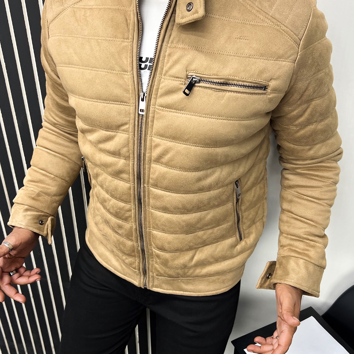 Quilted Pattern Iconic Zipper Men's Suede Jacket
