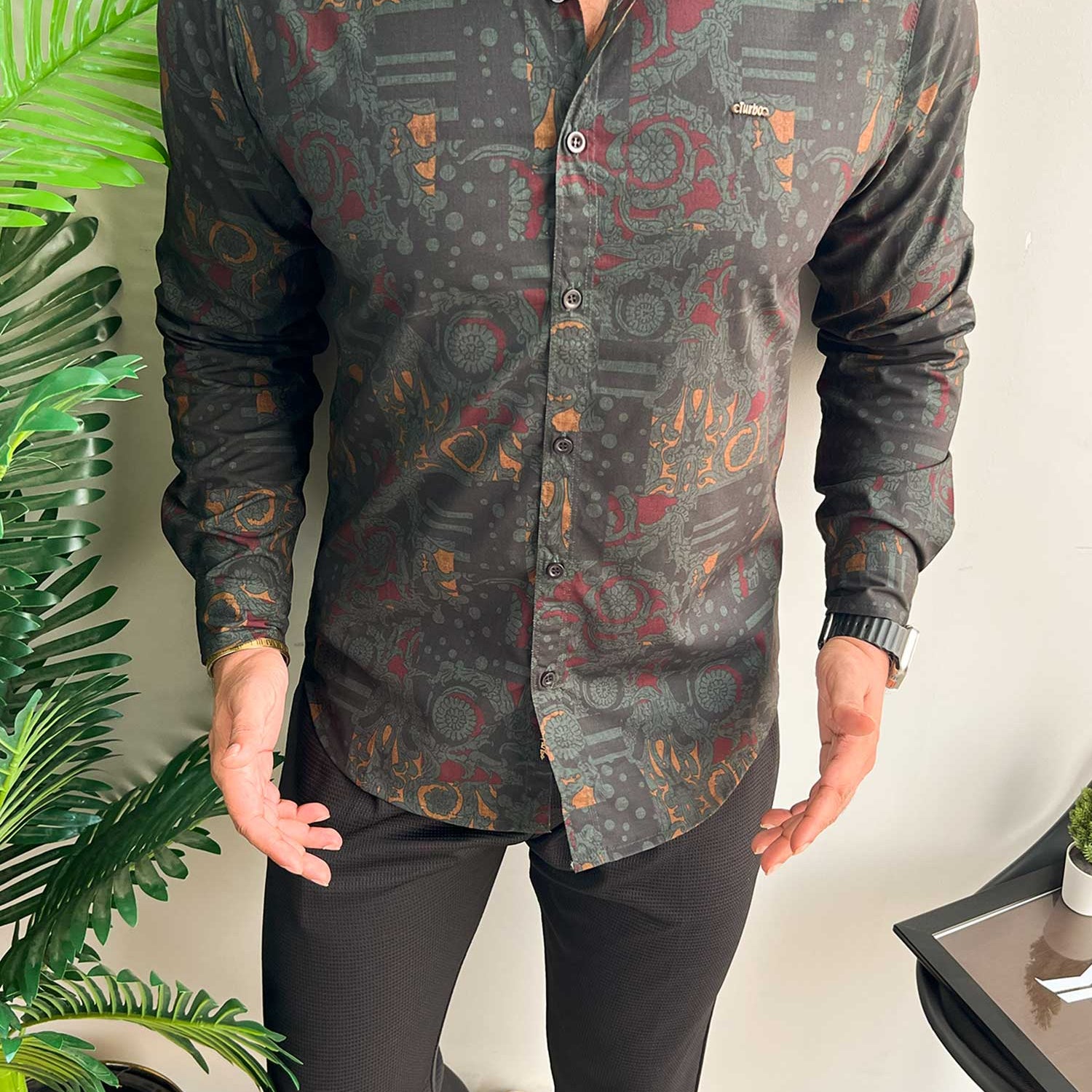 Turbo Retro Flower Motif Long Sleeve Cotton Casual Shirt