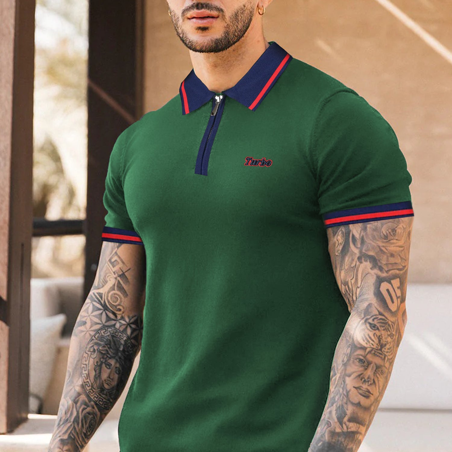 Turbo Record Zip Collar-Block Men's Polo Shirt