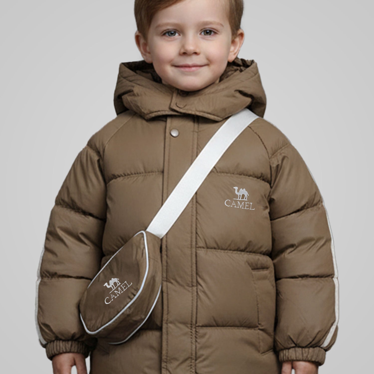 Camel Logo Printed Hooded Boys Kids Puffer Jacket