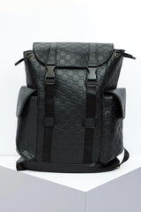 Guci Cross Pockets Self Textured PU Leather Backpack in Black
