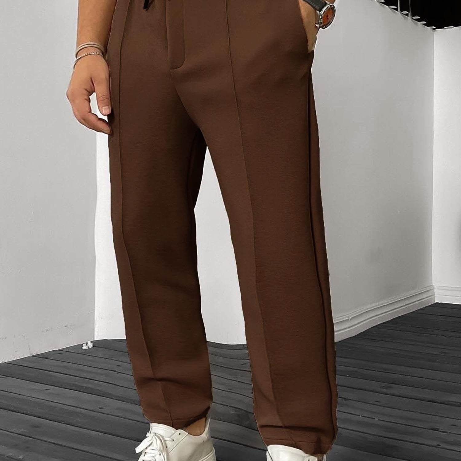 Plain Stripe Line Loose Bottom Trouser In Camel