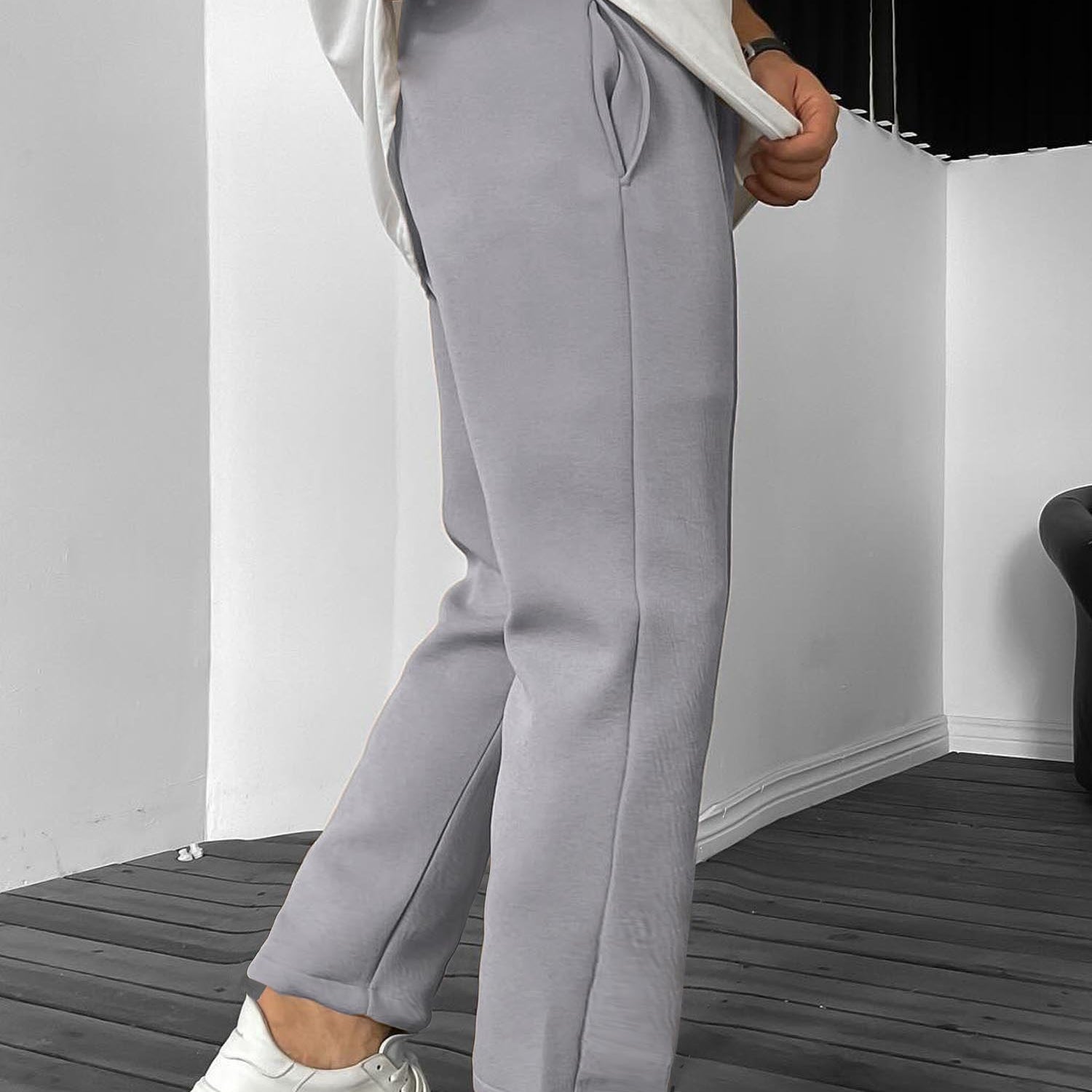 Plain Stripe Line Loose Bottom Trouser In Grey