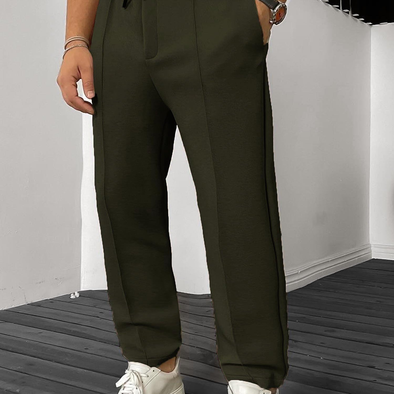 Plain Stripe Line Loose Bottom Trouser In Olive