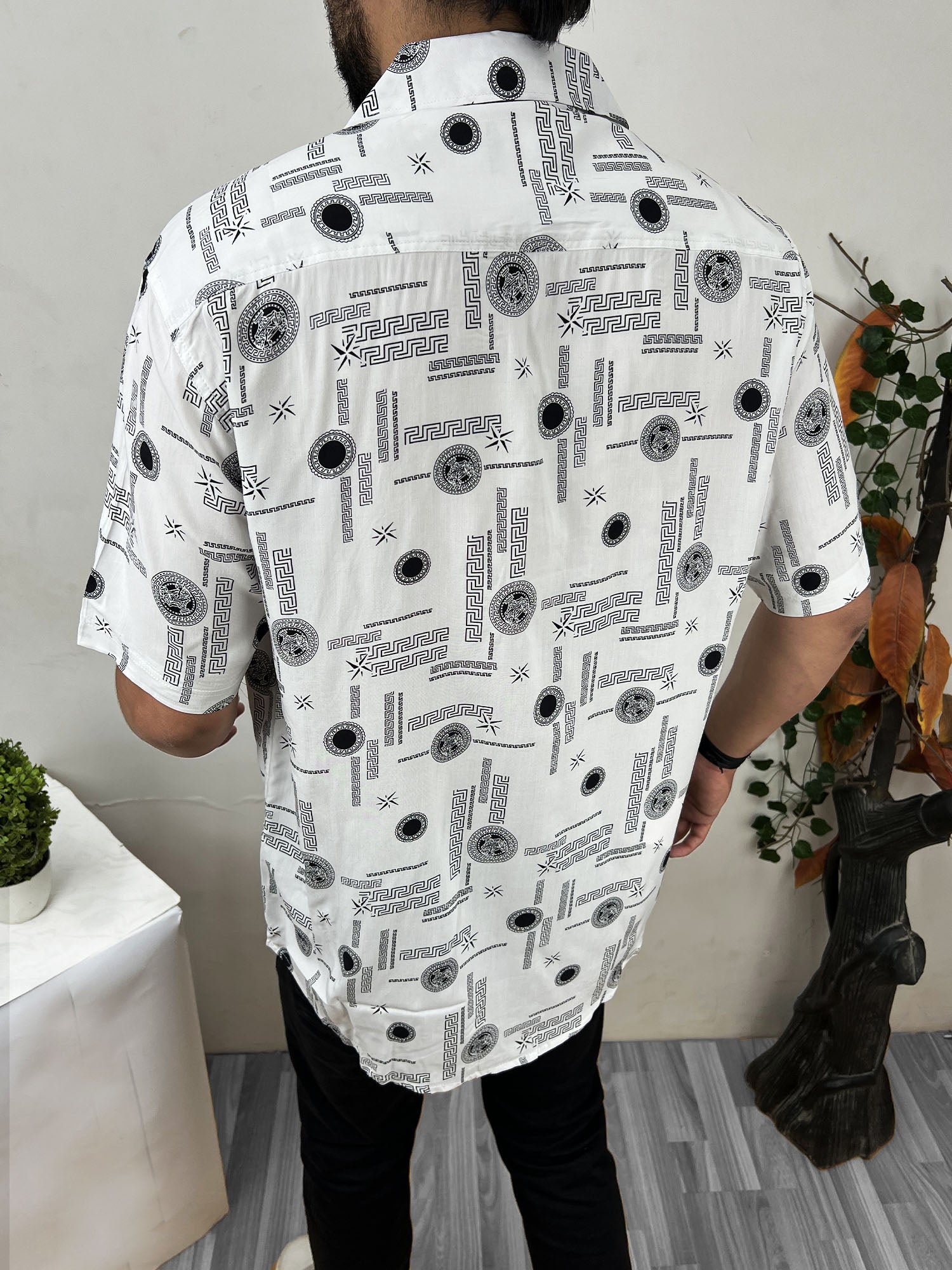 All Over Vrsce Design Half Sleeve Linen Casual Shirt