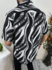 All Over Zebra Lining Half Sleeve Linen Casual Shirt