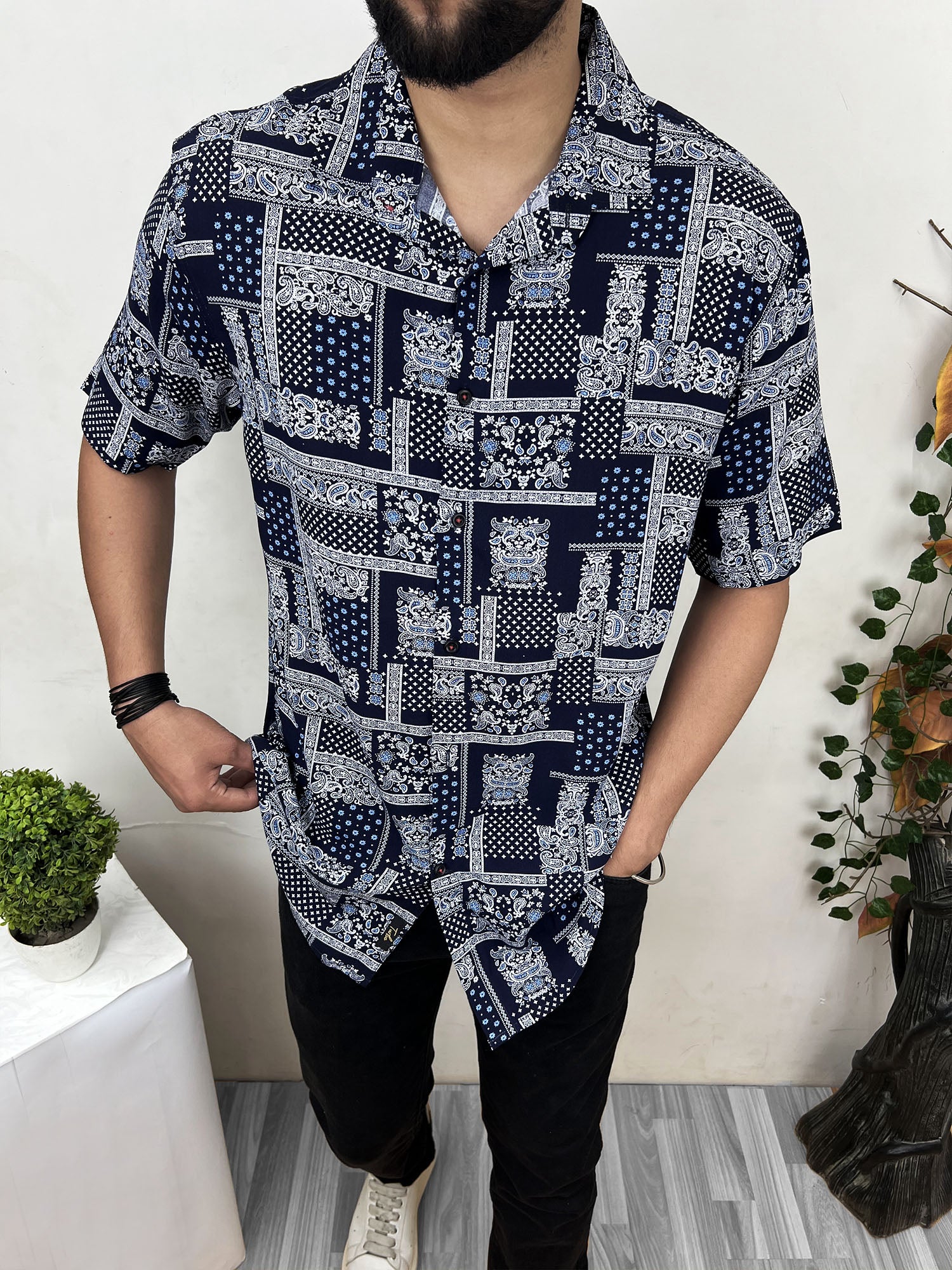 Bandana Print Half Sleeve Linen Casual Shirt