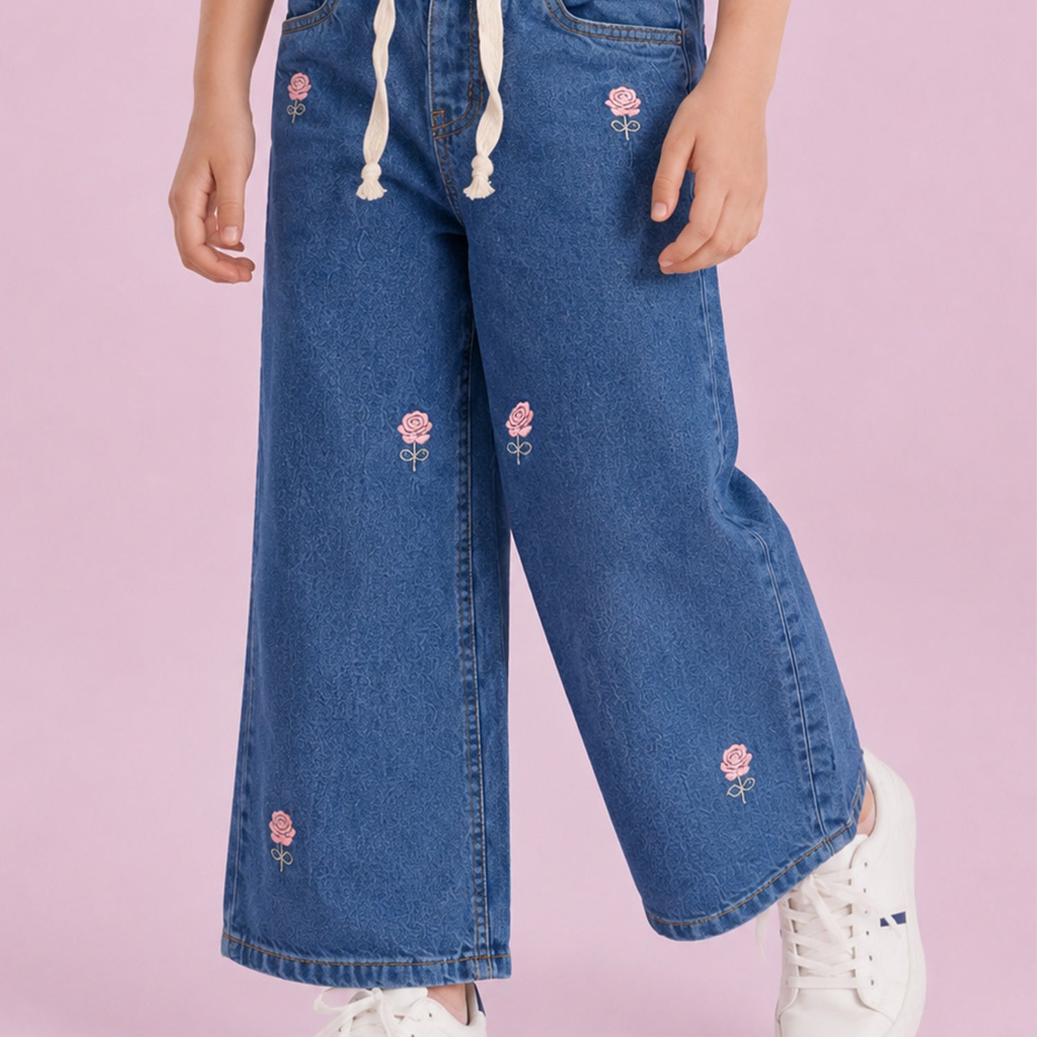 Turbo Floral Embroidered Wide-Legs Jeans For Girls