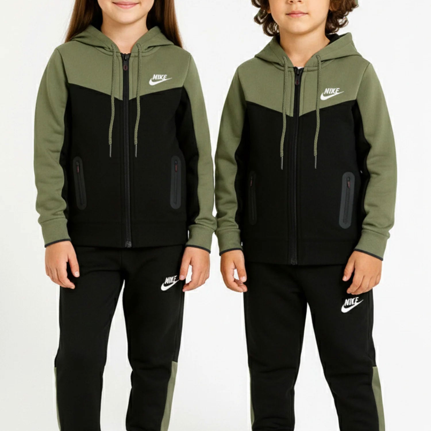 Nke Sportswear Tech Full-Zip Unisex Younger Kids Tracksuit In Mid Green&Black