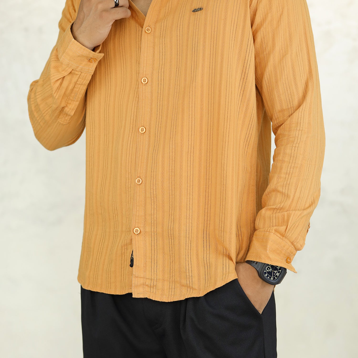 Turbo Self Stripe Motif Long Sleeve Cotton Casual Shirt