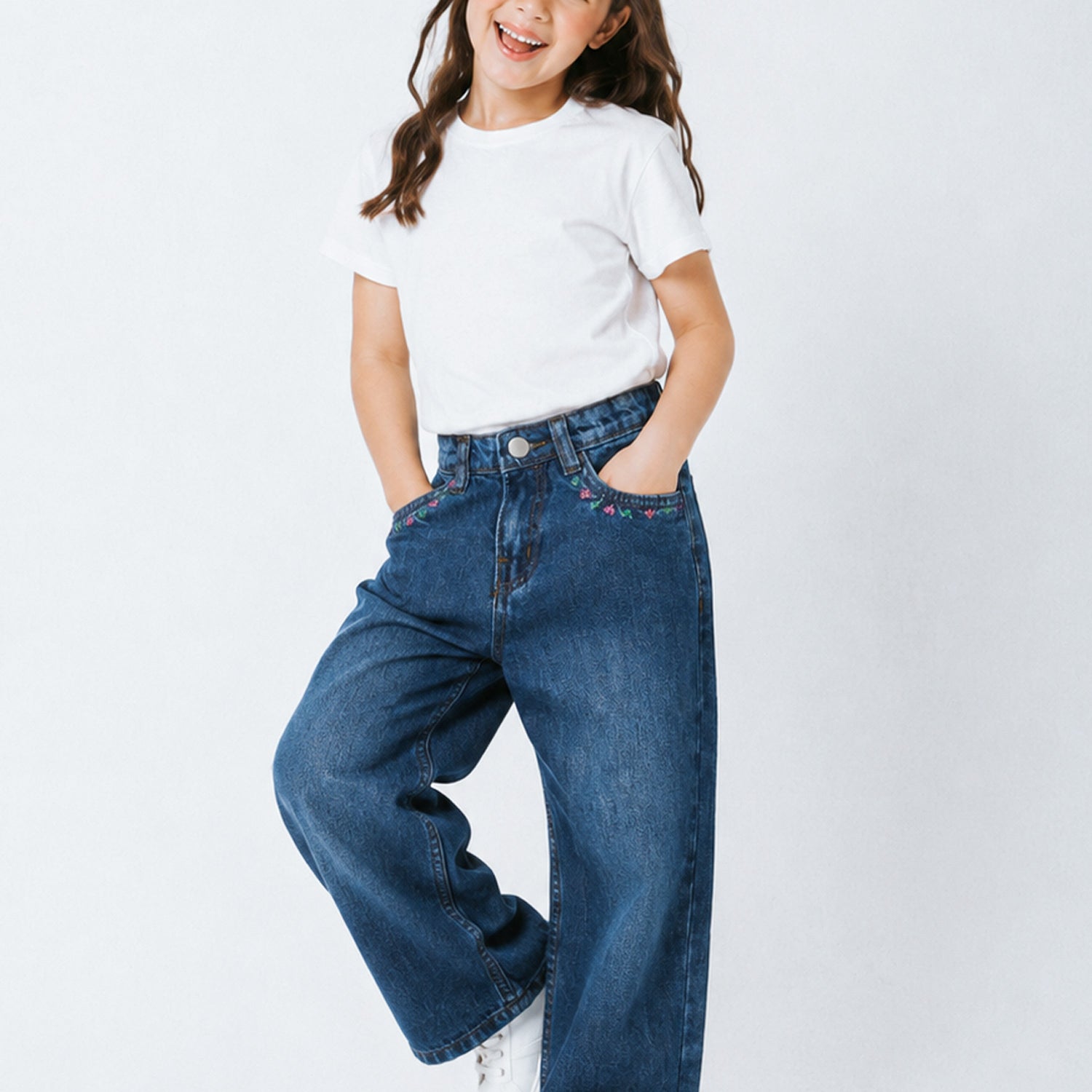 Turbo Shimmery Embroidered Wide-Leg Jeans For Girls