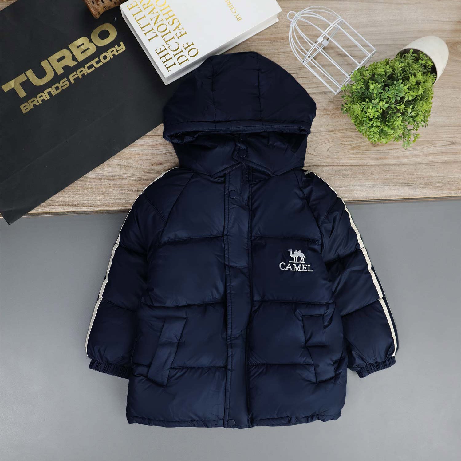 Camel Logo Printed Hooded Boys Kids Puffer Jacket