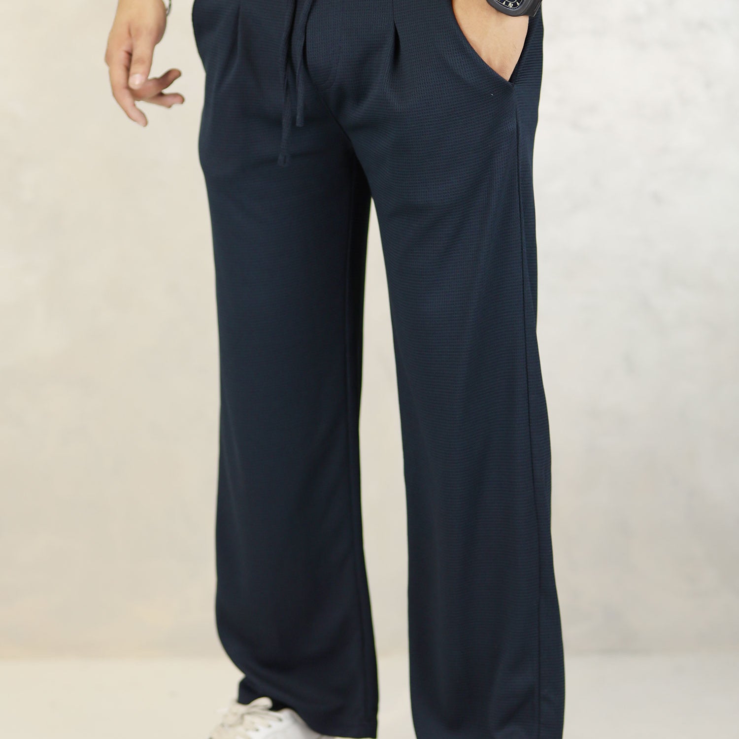 Turbo High Rise Pleated Waffle Pattern Loose Bottom Trouser In Navy Blue