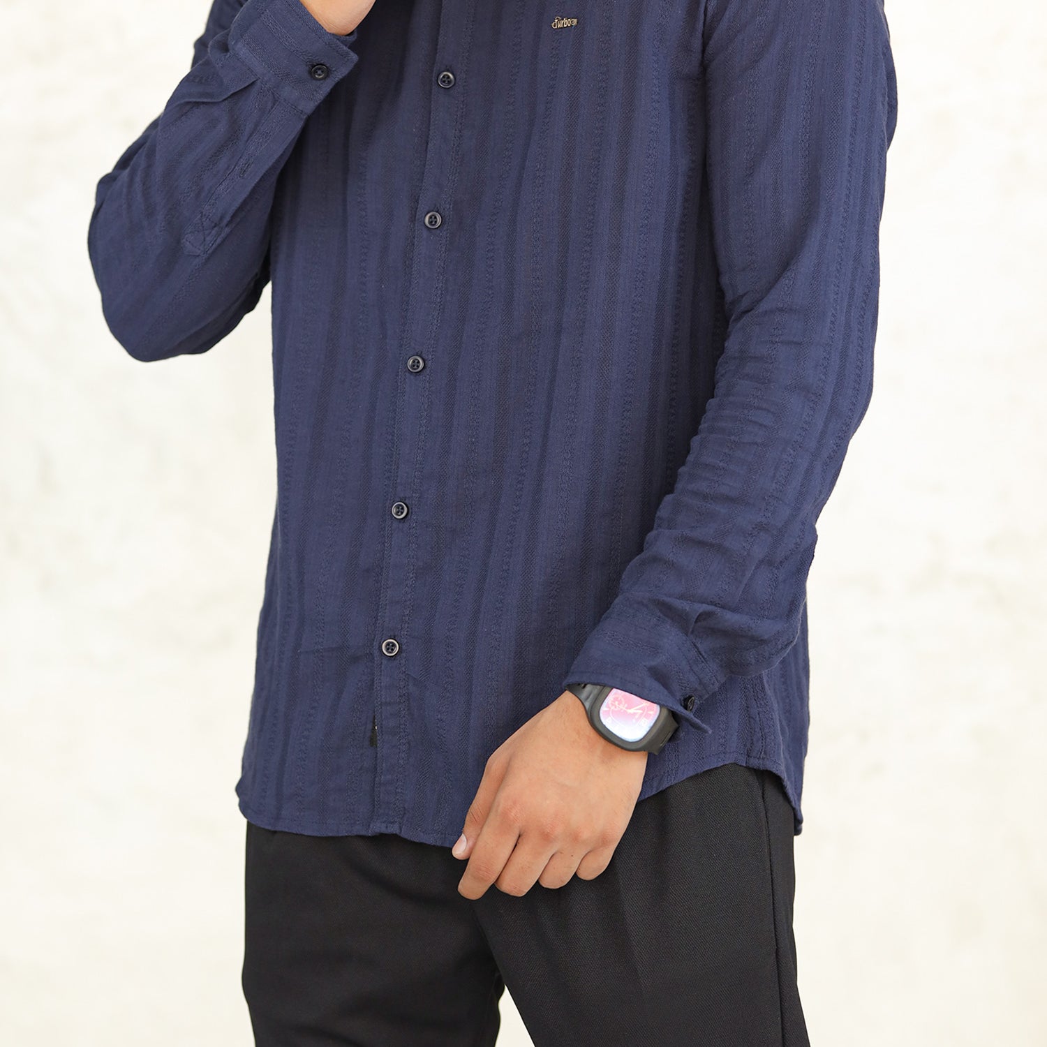 Turbo Self Stripe Motif Long Sleeve Cotton Casual Shirt