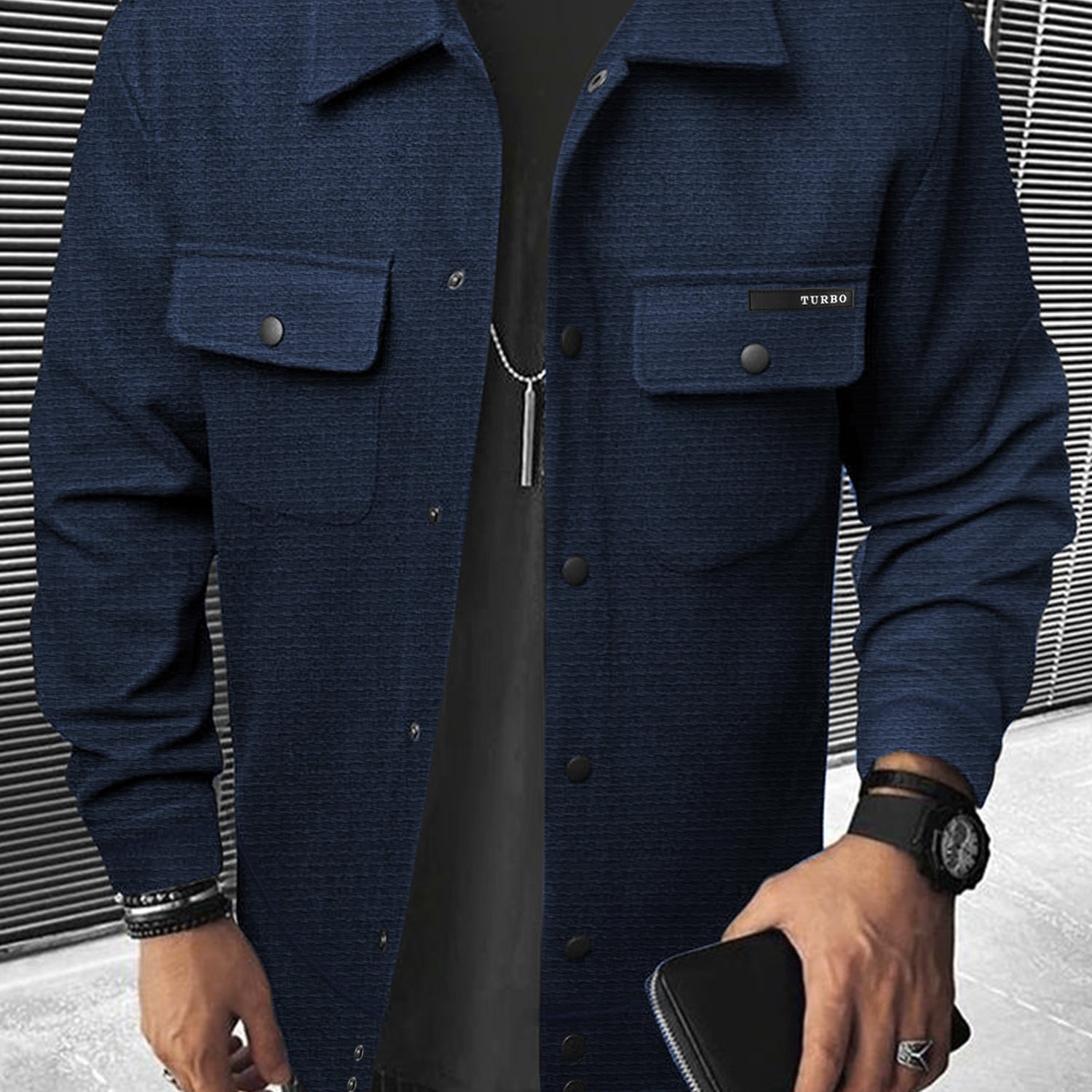 Front Flap Pocket Collar Motif Waffle Knit Jacket