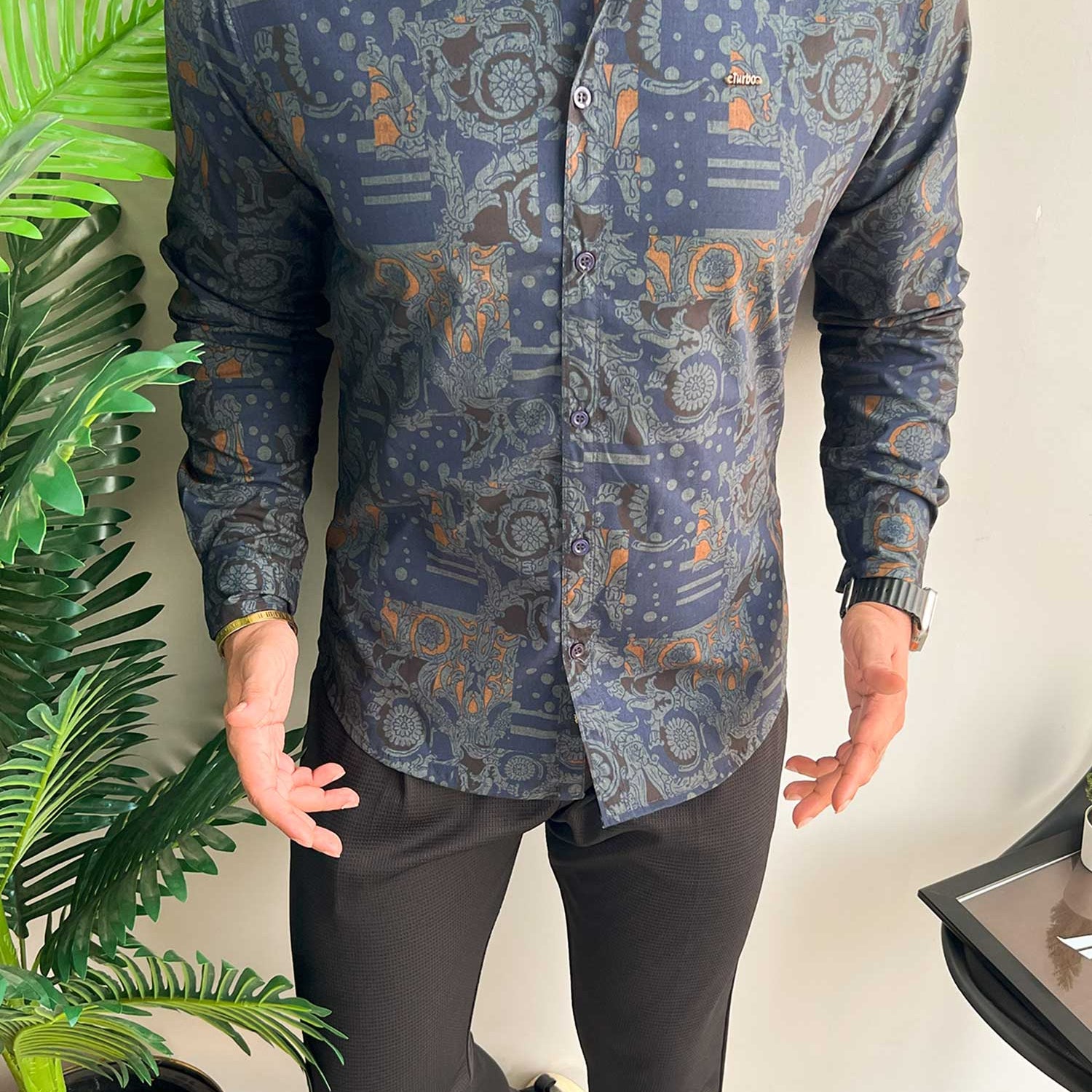 Turbo Retro Flower Motif Long Sleeve Cotton Casual Shirt