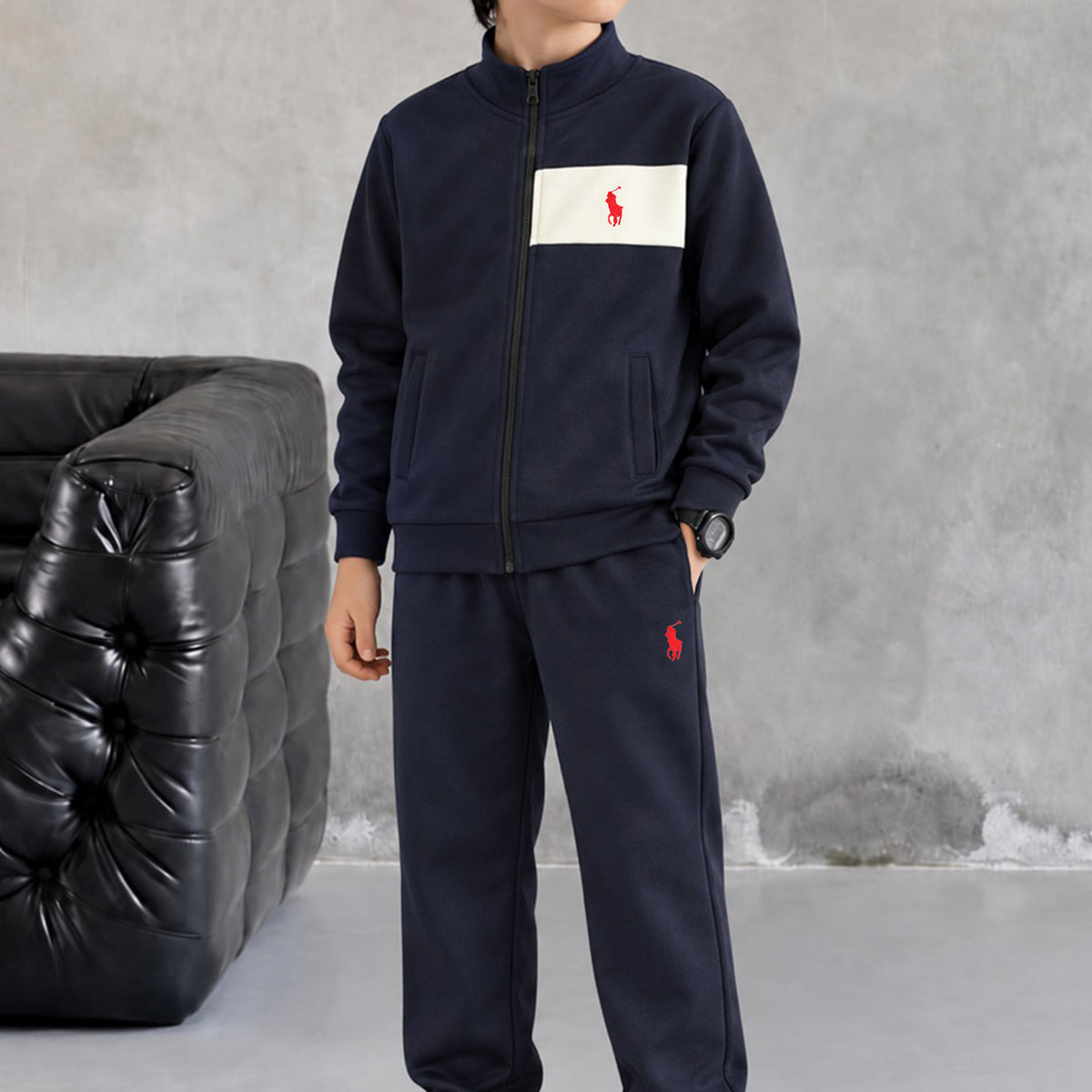 Polo Elite Motion Zipper Kid's Co-Ord Set In Navy Blue