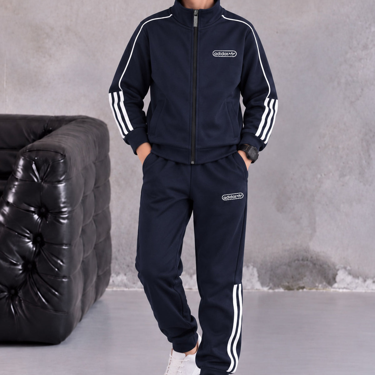 Adds Classic-Retro Lining Zipper Kid's Co-Ord Set In Navy Blue