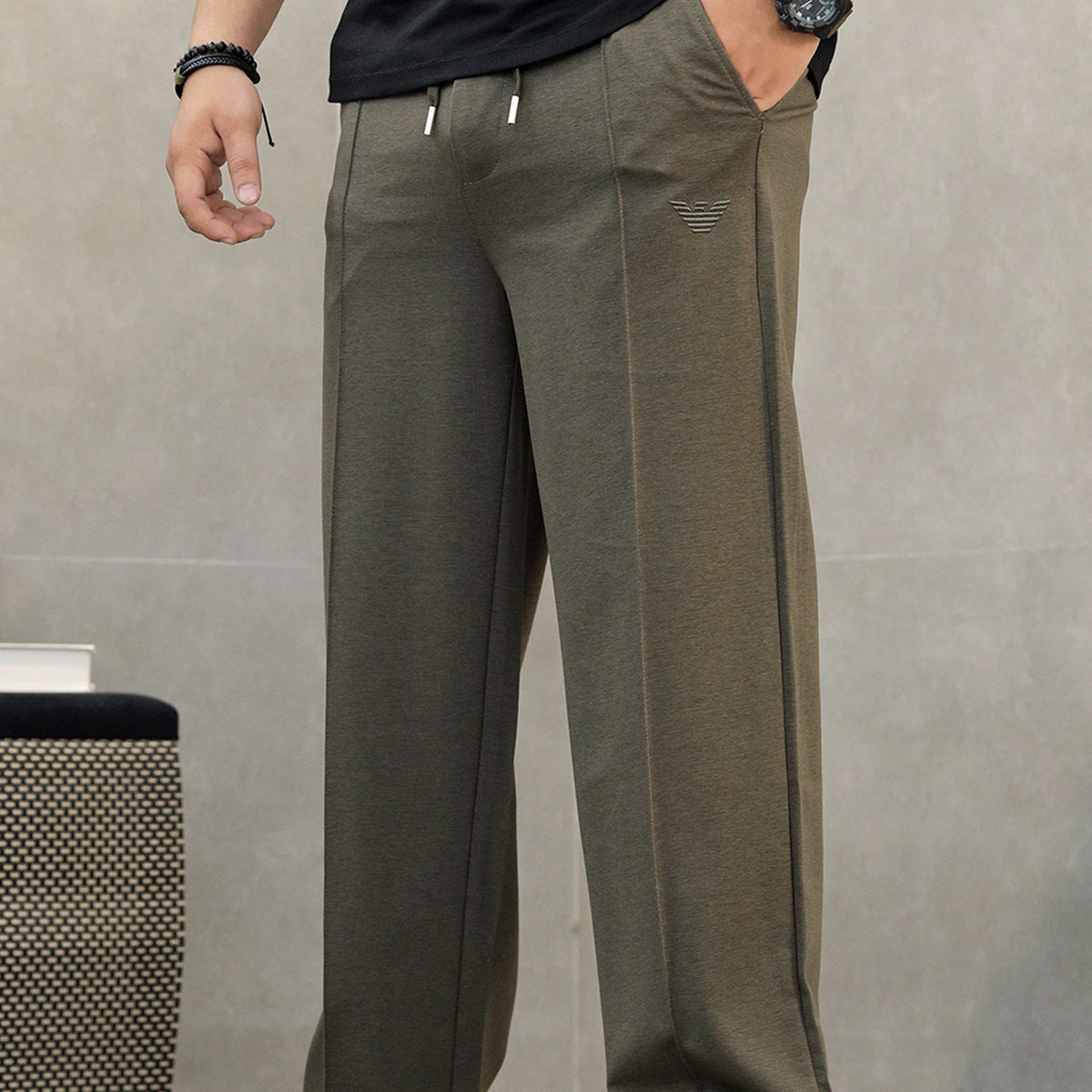 Armni Straight-Fit Imp Loose Bottom Trouser In Olive Brown